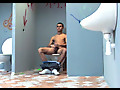 Horny guy wanking off his cock in the bathroom and cumming